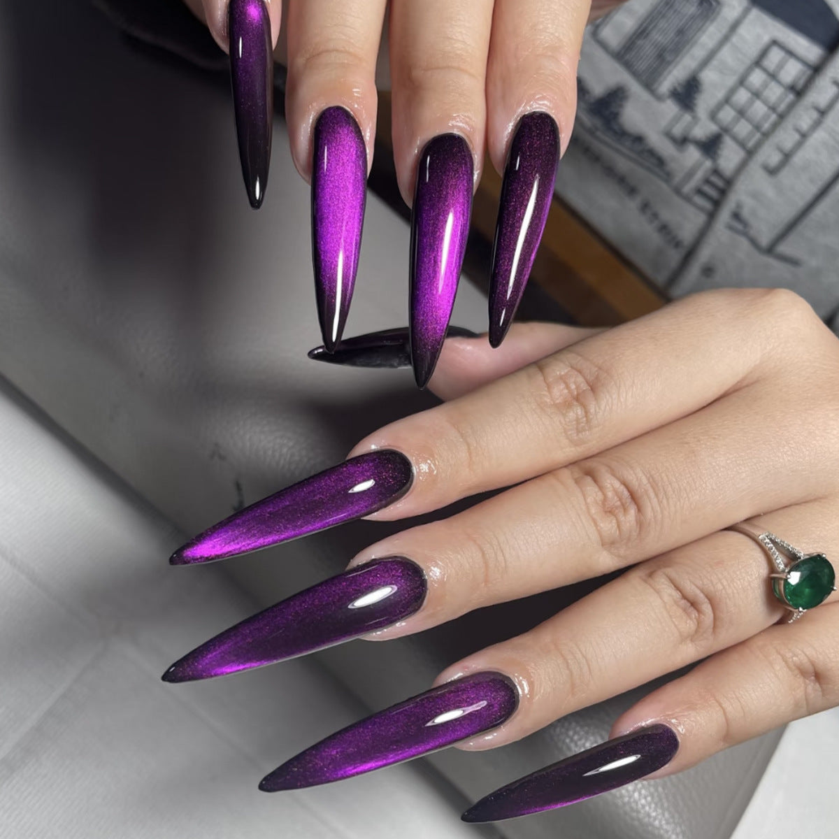 Mystical Elegance Long Stiletto Gradient Purple Nail Set with Shimmering Finish