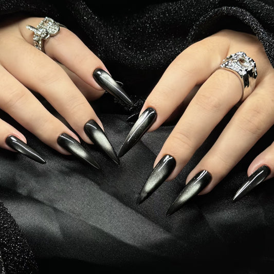 Mystical Midnight Long Stiletto Black Ombre Press on Nail Set with Shimmering Finish