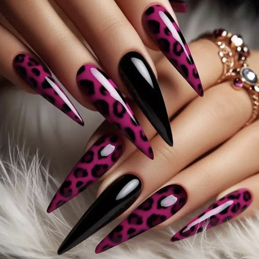 Wild Leopard Elegance Long Stiletto Pink and Black Press-On Nail Set with Glossy Finish