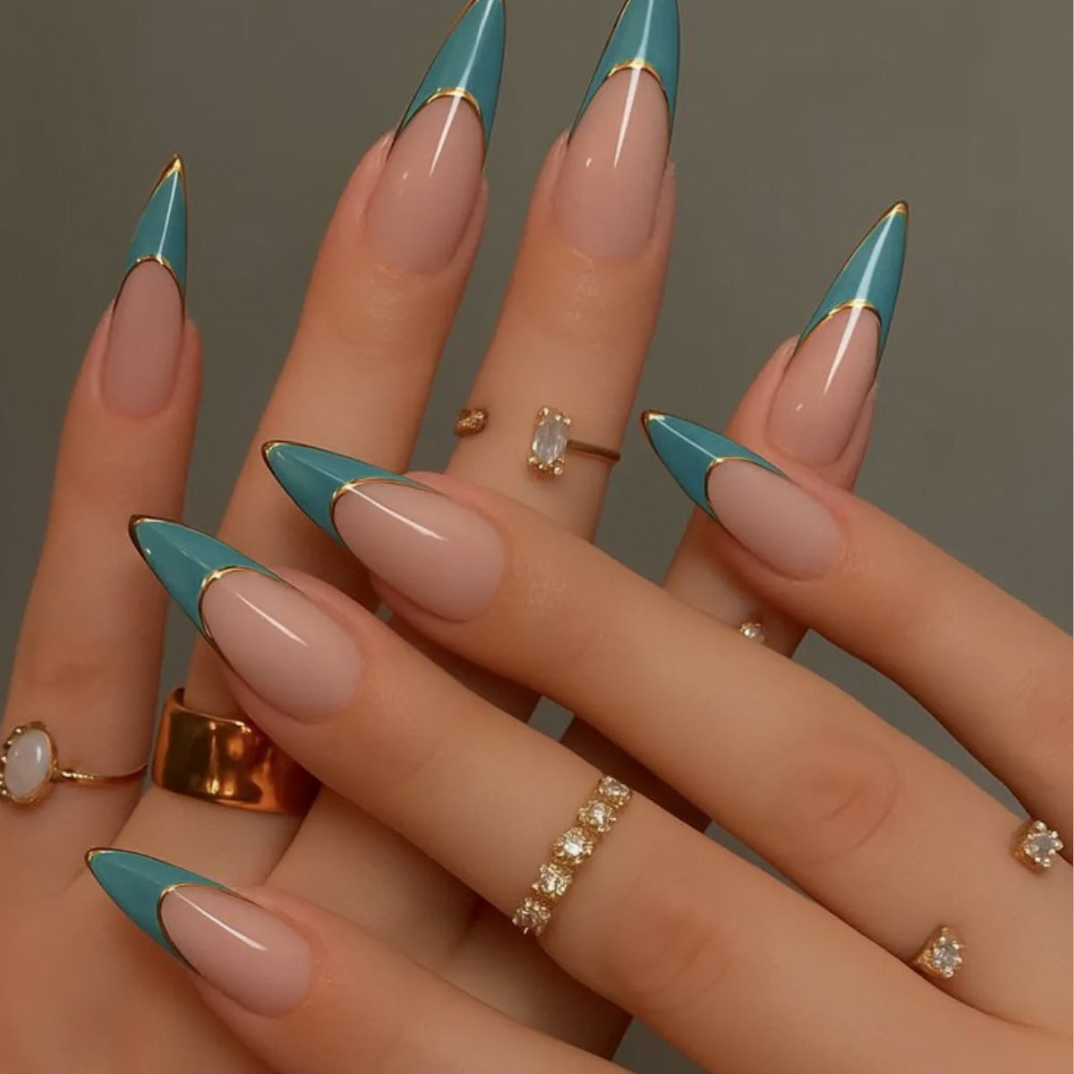Celestial Elegance Long Almond-Shaped Glossy Teal and Beige Ombré Press-On Nail Set with Glamorous Golden Detailing