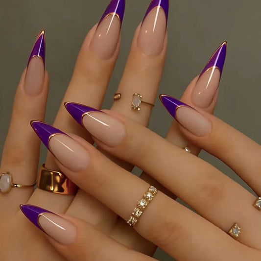 Royal Elegance Long Stiletto Purple Fade with Glamorous Gold Trim Press On Nail Set