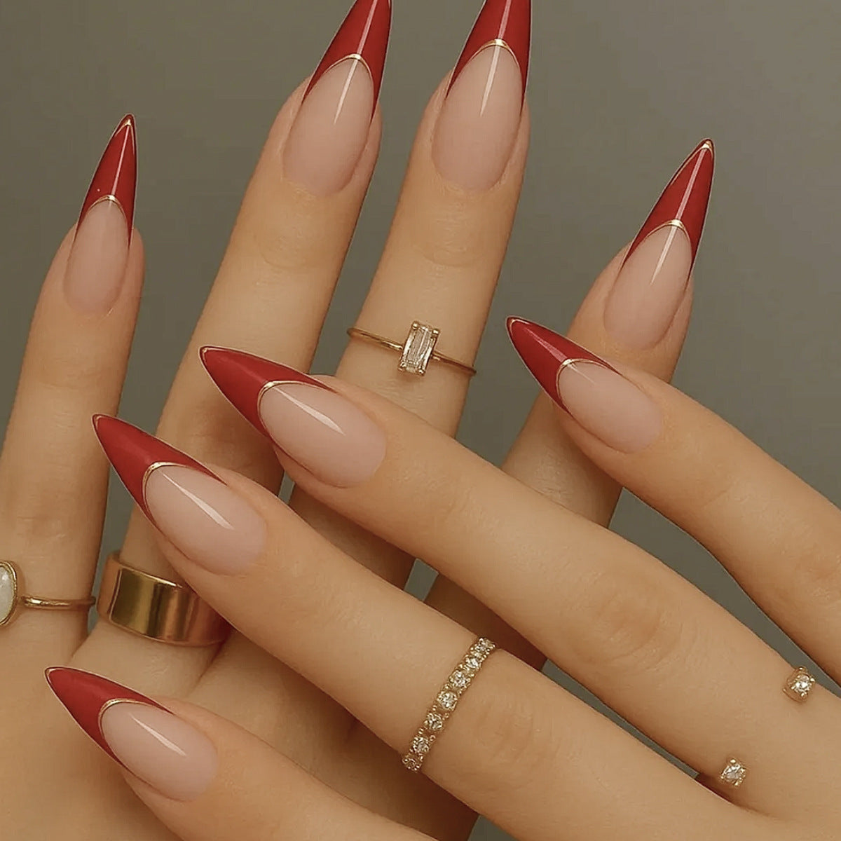 Glamorous Red Velvet Long Stiletto Almond Shaped Press On Nail Set with Elegant Gold Accents
