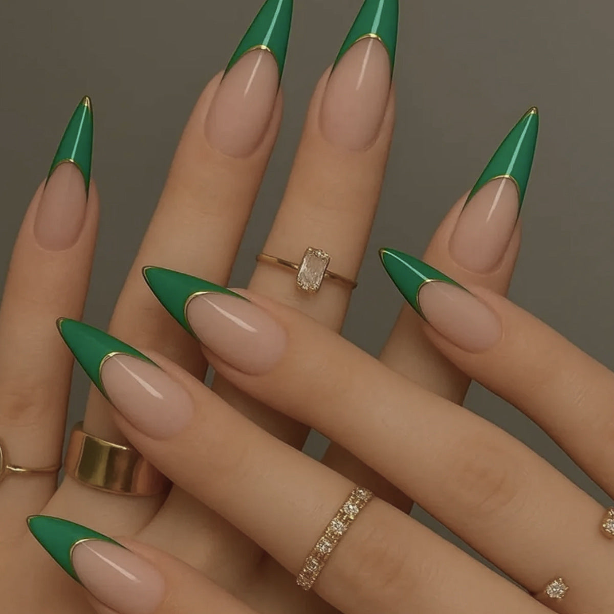 Emerald Enchantment Long Stiletto Green Press On Nails with Gold Tip Accents