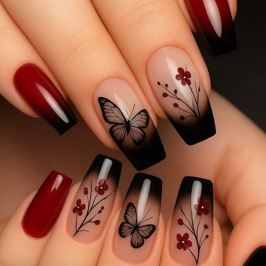 Whimsical Floral Fantasy Medium Square Burgundy Black Ombre Nail Set with Butterfly and Blossom Art