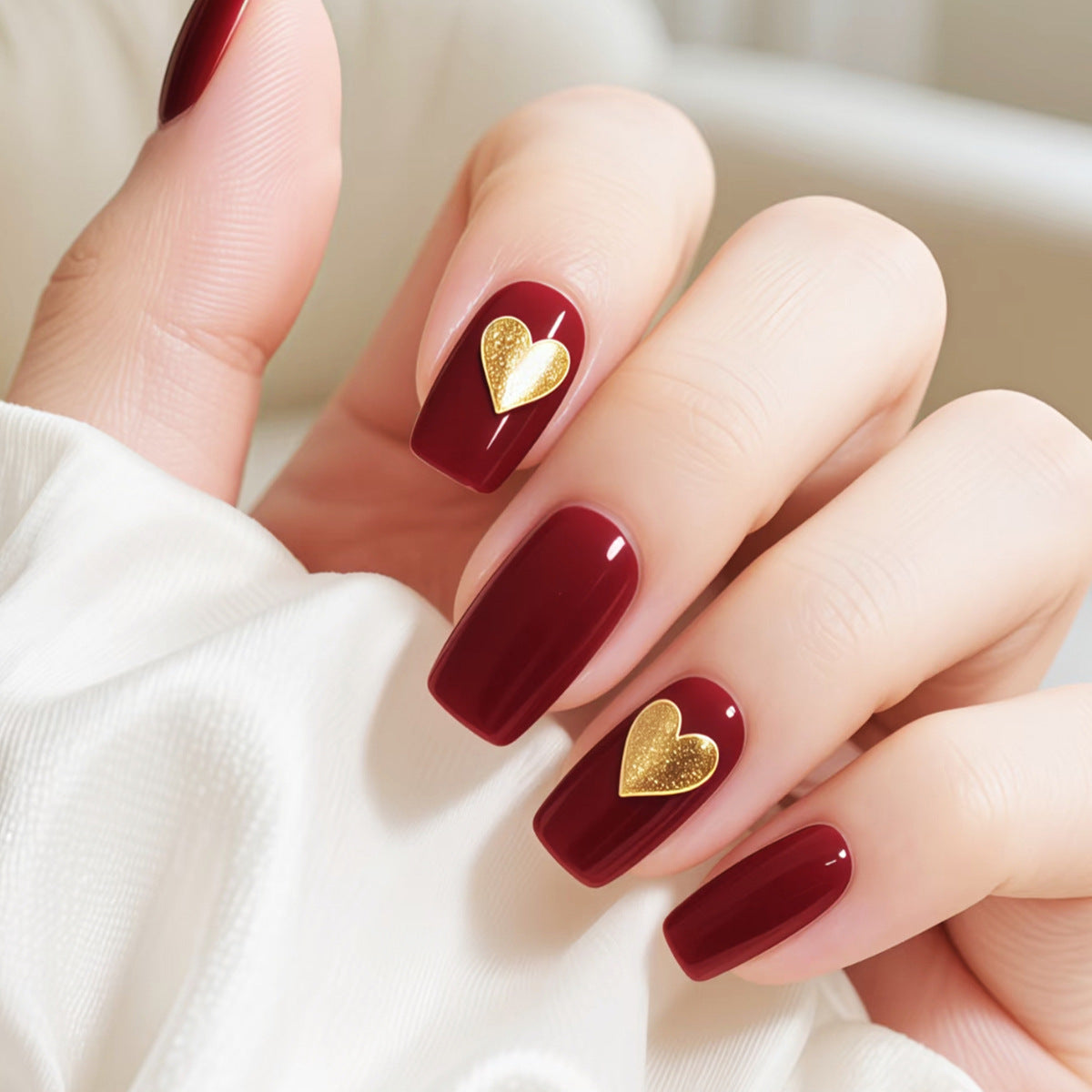 Romantic Elegance Long Square Burgundy Nails with Gold Heart Accent