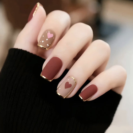 Romantic Elegance Medium Square Burgundy Press On Nail Set with Heart and Gold Accent