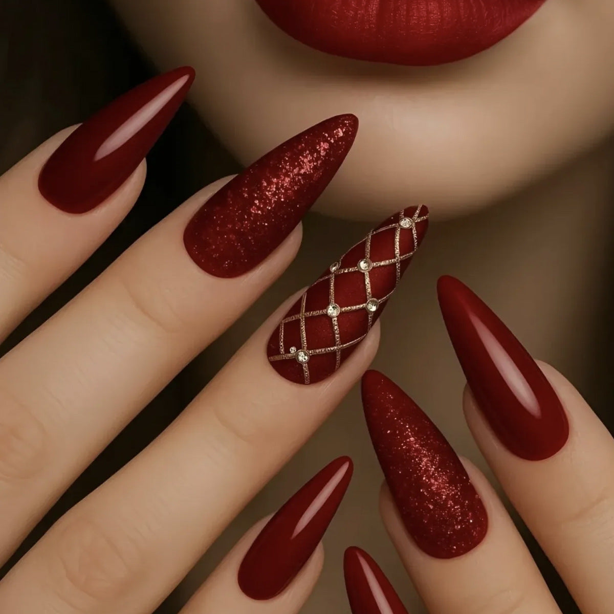 Glamorous Elegance Long Almond Red Sparkling Accent with Rhinestone Detailing Press on Nail Set