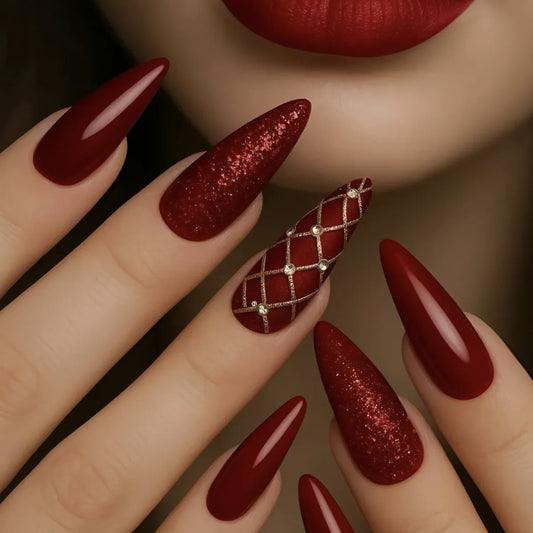 Glamorous Elegance Long Almond Red Sparkling Accent with Rhinestone Detailing Press on Nail Set