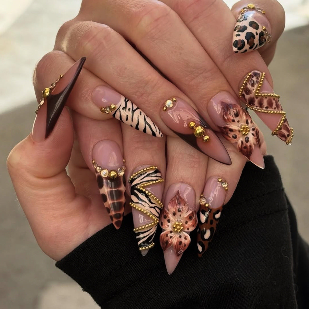 Wild Safari Glamour Long Almond Glossy Brown and Beige Animal Print with Stunning Gold Accents Press On Nail Set