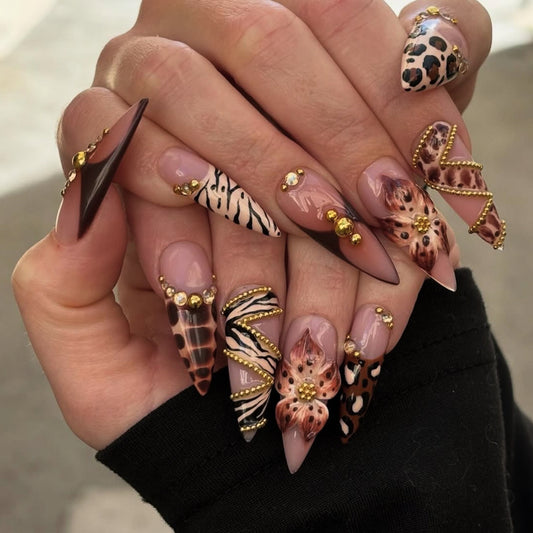 Wild Safari Glamour Long Almond Glossy Brown and Beige Animal Print with Stunning Gold Accents Press On Nail Set