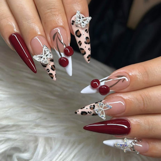Chic Butterfly Garden Long Almond Red and White Nail Set with Stunning Rhinestone Accents