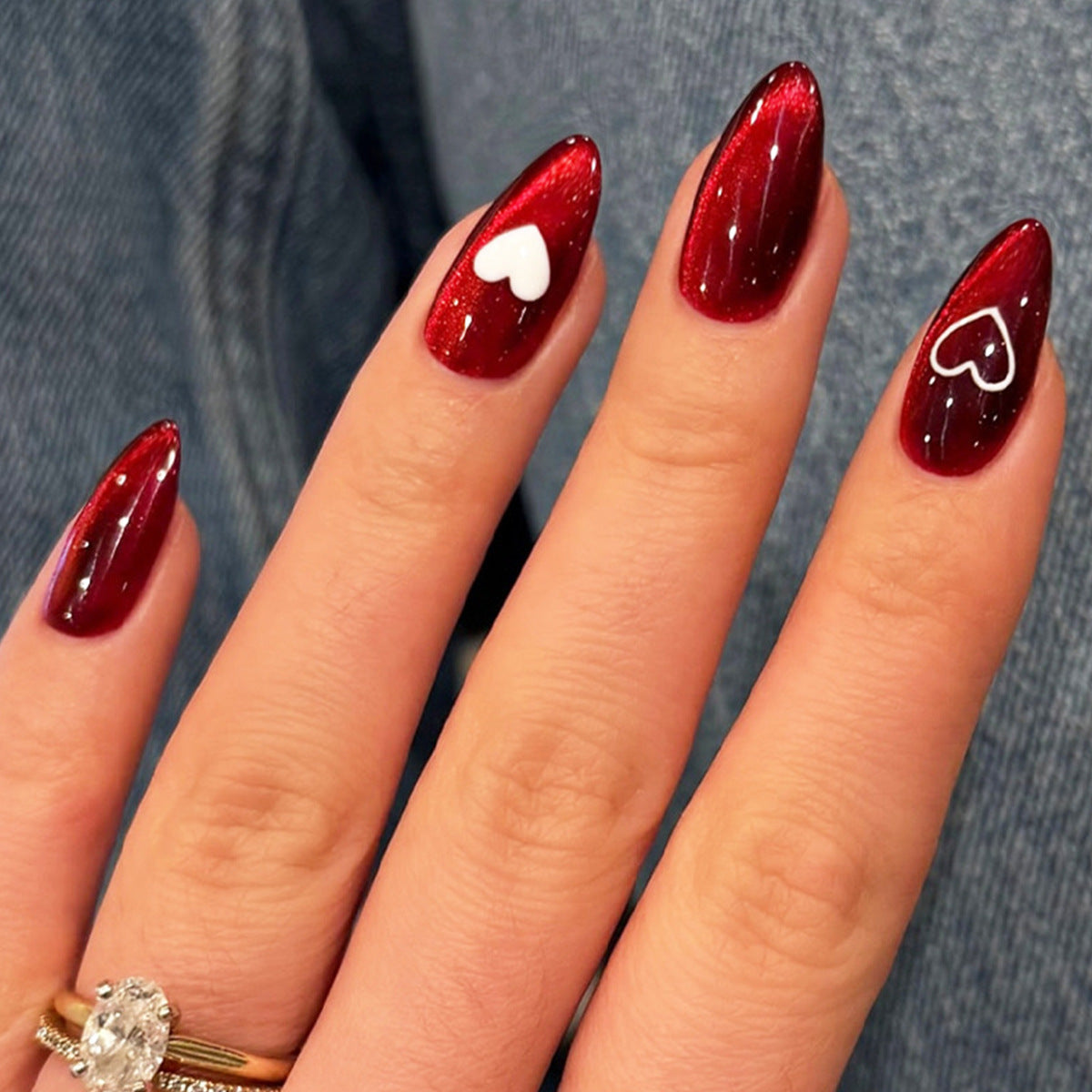 Romantic Midnight Heart Shaped Long Almond Cherry Red Press On Nail Set with Glitter Finish