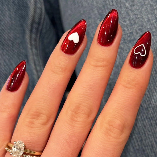 Romantic Midnight Heart Shaped Long Almond Cherry Red Press On Nail Set with Glitter Finish