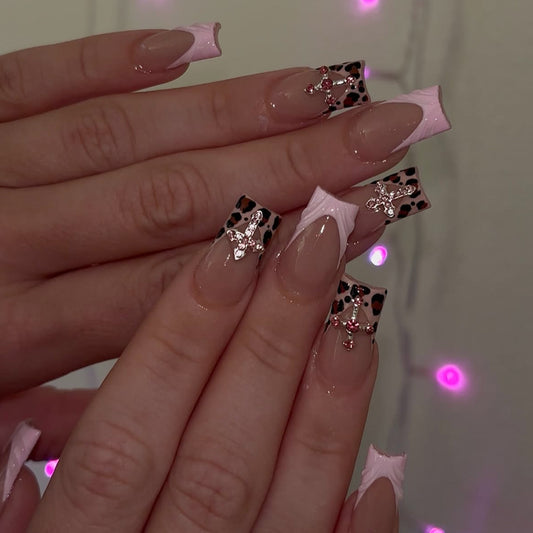 Vibrant Safari Medium Square Clear Pink Leopard Print with Sparkling Embellishments Press-On Nail Set