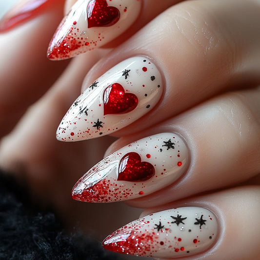 Romantic Glamour Long Almond Red and White Heart Press On Nail Set with Glitter Accents