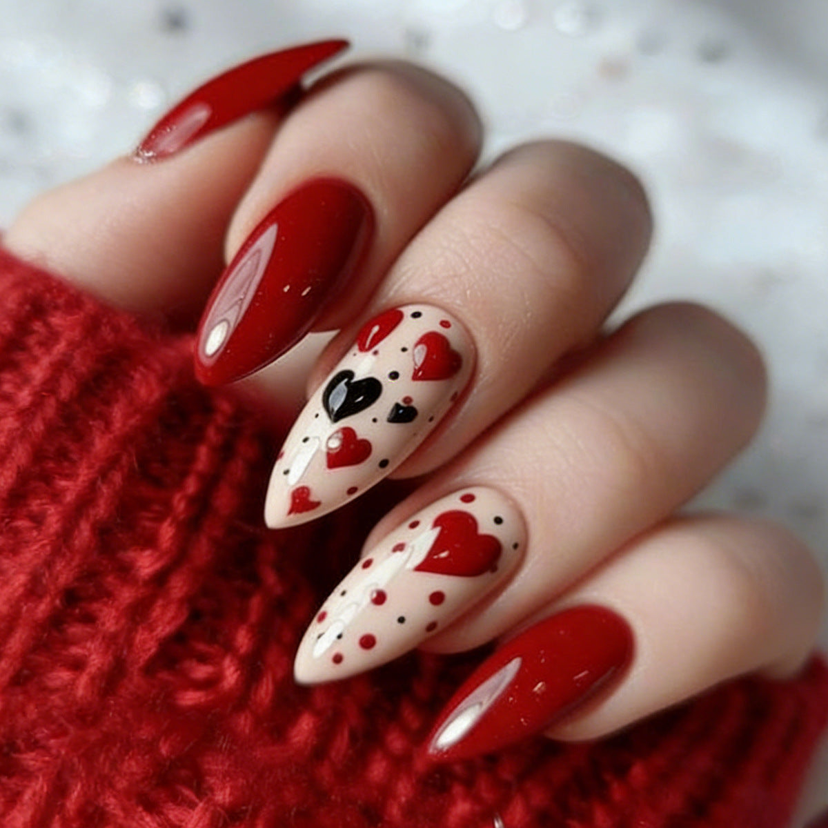 Love Story Long Almond Red and Beige Heart Design Press On Nail Set