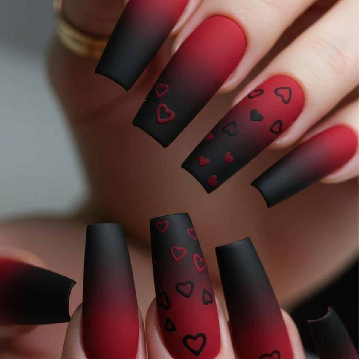 Romantic Velvet Long Square Deep Red Black Ombre Nail Set with Charming Heart Designs