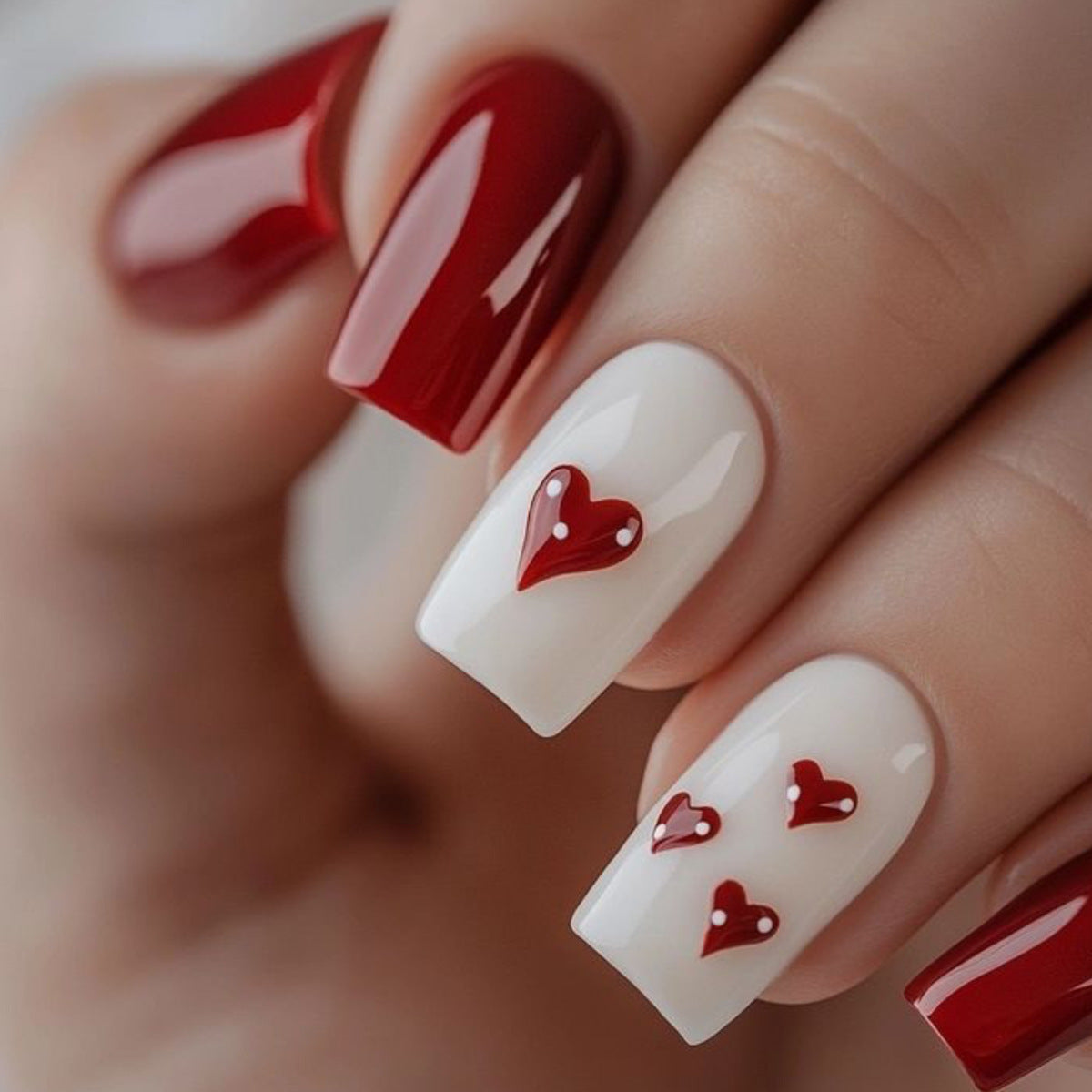 Love Inspired Long Square Glossy Red and White Nail Set with Heart Detailing