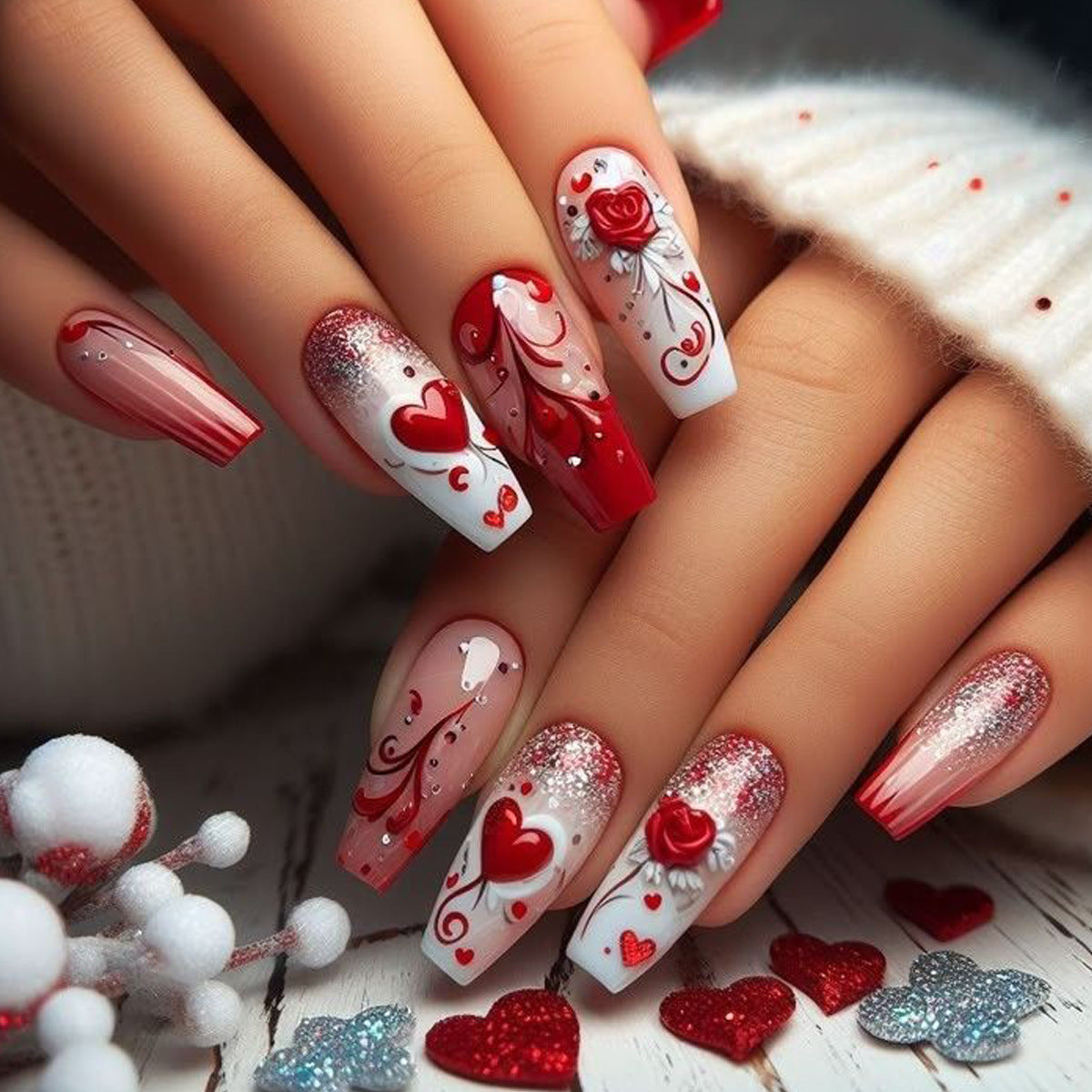 Romantic Fantasy Long Coffin Red with Heart and Floral Accent Press On Nail Set