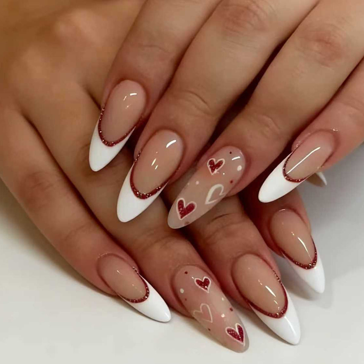 Romantic Elegance Long Almond White with Red Glitter Heart Accent Press On Nail Set