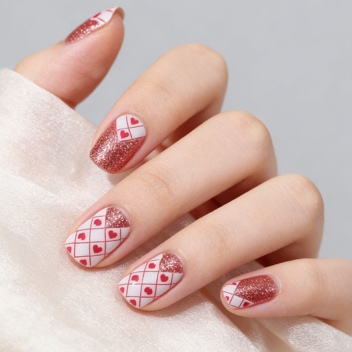 Romantic Hearts Theme Short Almond Shaped Red and White Glitter Press On Nail Set with Charming Heart Pattern