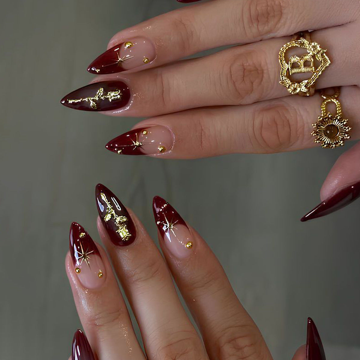 Glamorous Evening Vixen Long Almond Burgundy with Gold Accent Designs Press-On Nail Set