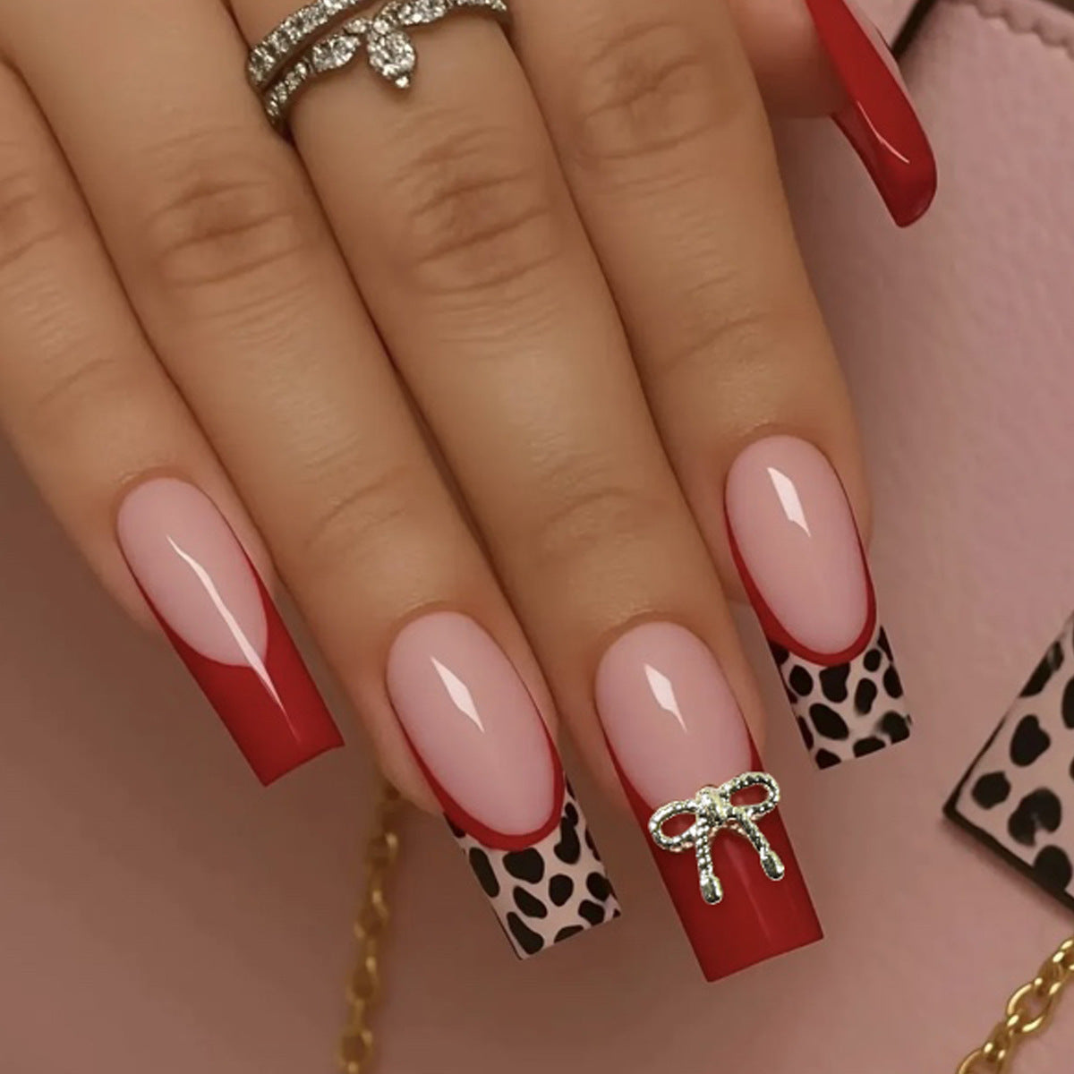 Glamorous Safari Chic Long Square Red and Pink with Leopard Print Accent and Glitter Bow Press On Nail Set