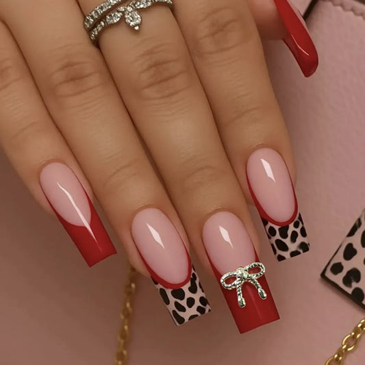 Glamorous Safari Chic Long Square Red and Pink with Leopard Print Accent and Glitter Bow Press On Nail Set