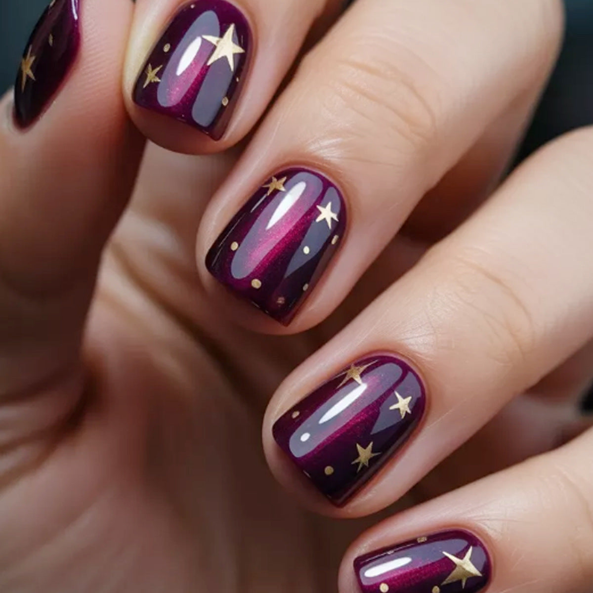 Celestial Nights Short Square Glossy Bordeaux Nails with Dazzling Star Accents