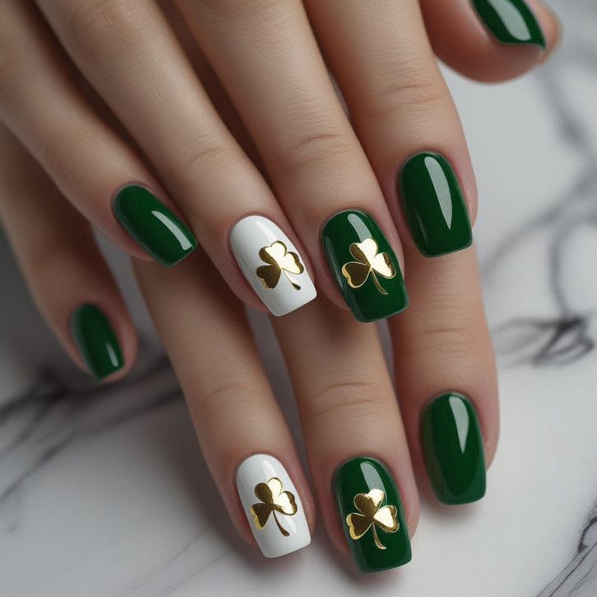 Lucky Clover Inspired Elegant Short Square Green and White Press on Nail Set with Gold Foil Accents
