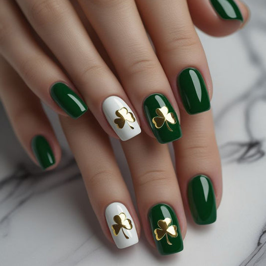 Lucky Clover Inspired Elegant Short Square Green and White Press on Nail Set with Gold Foil Accents