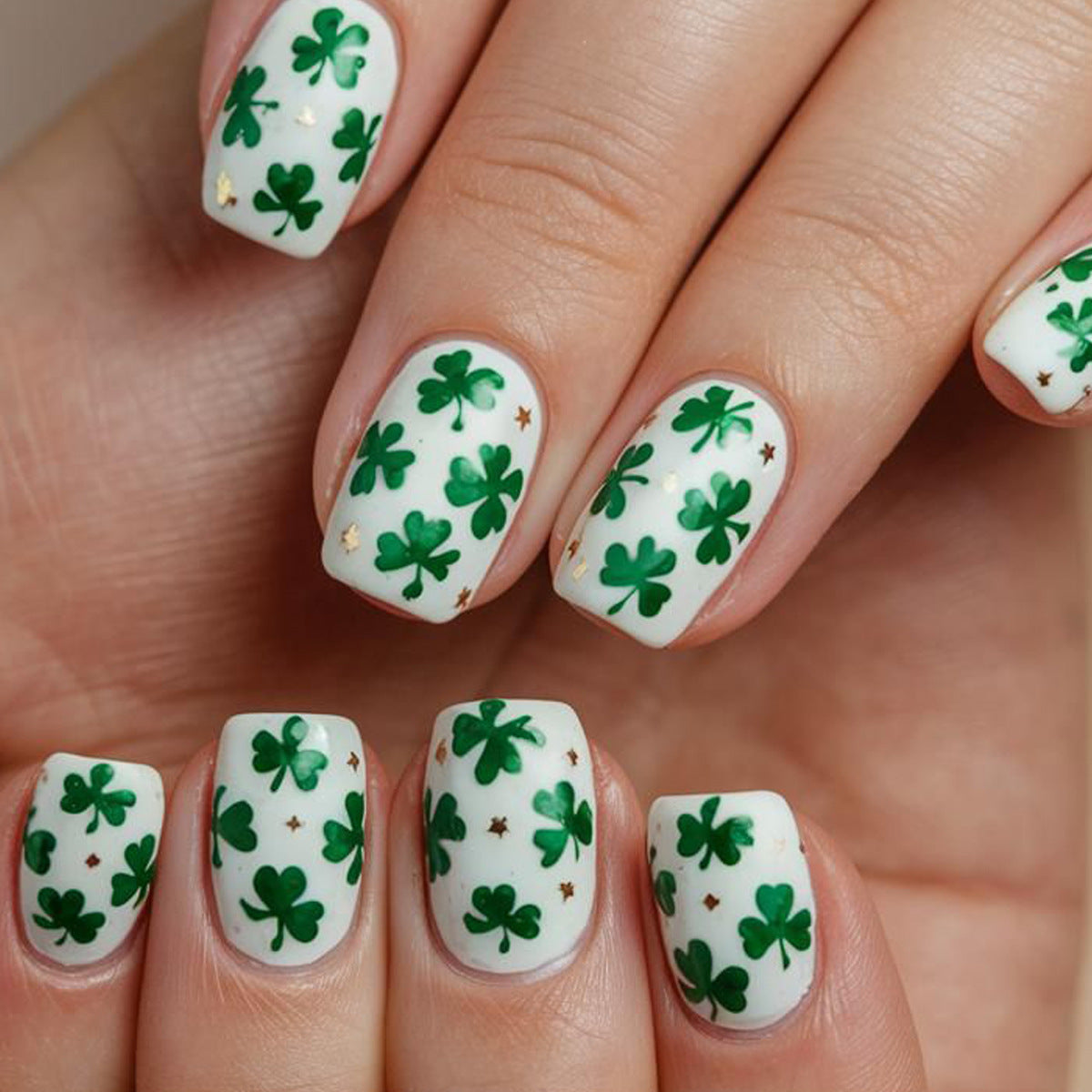 Lucky Clover Short Square Green and White Press On Nail Set with Gold Accents