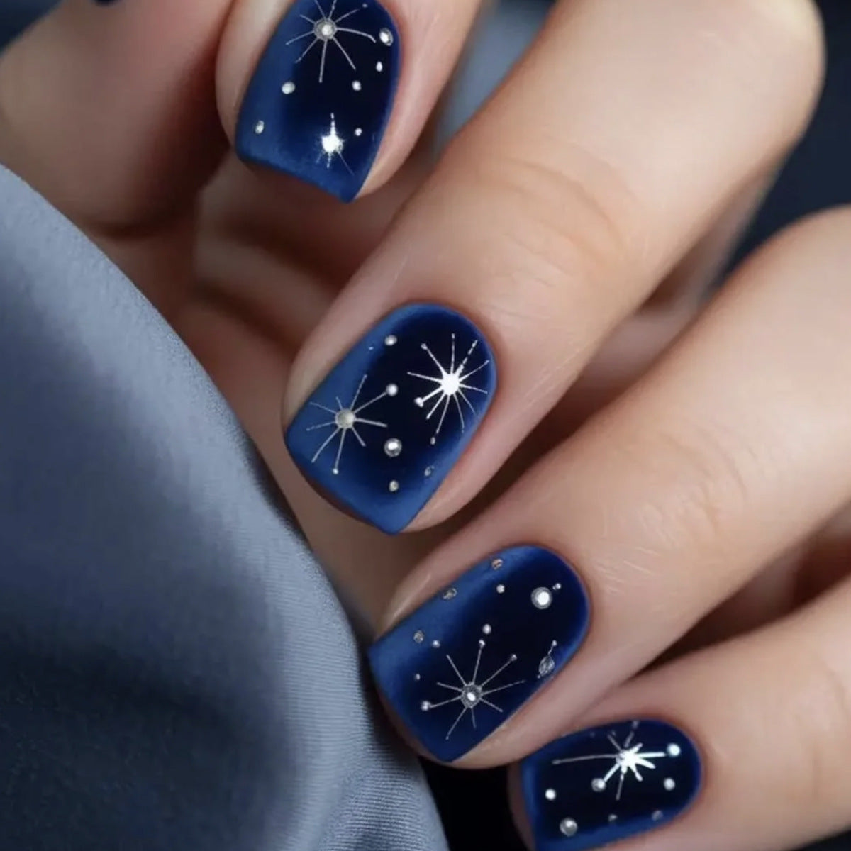 Celestial Night Short Square Navy Blue Press On Nail Set with Sparkling Star Accents