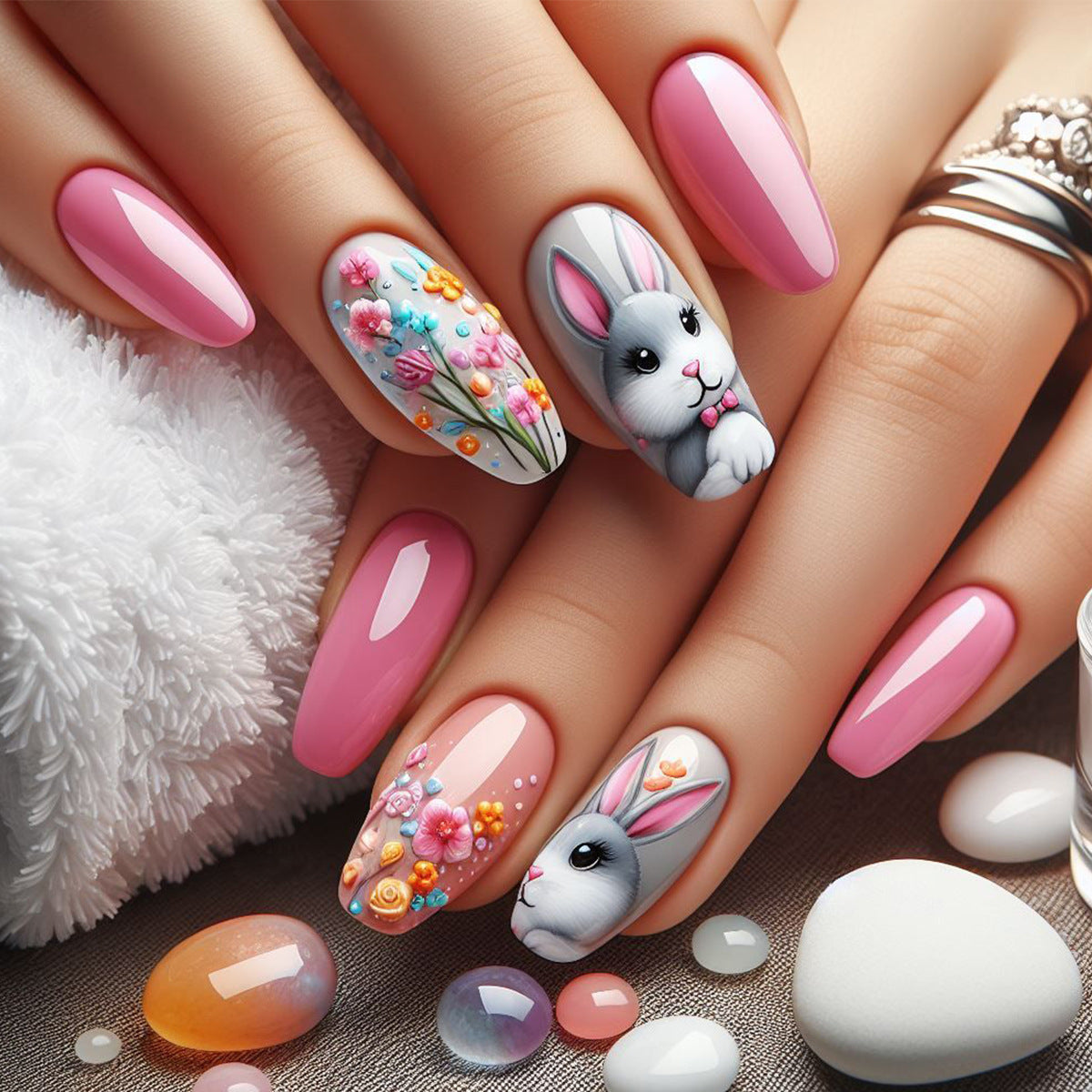 Springtime Delight Long Square Pink Floral Bunny Press On Nail Set with Glitter Accents