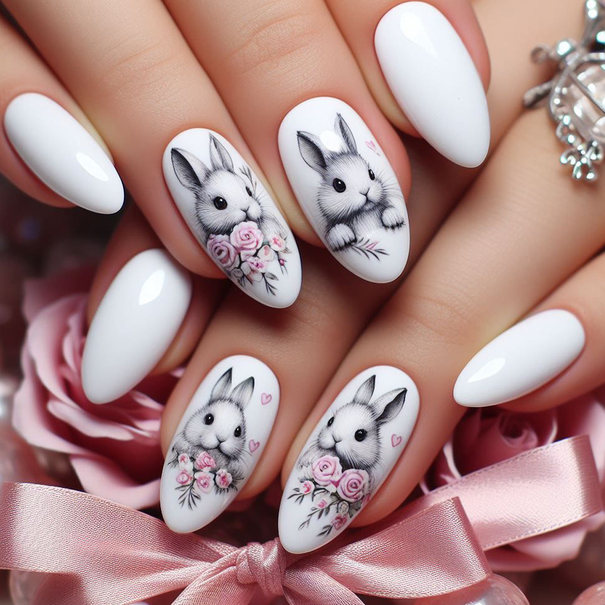 Whimsical Bunny Garden Short Almond White Press On Nail Set with Charming Floral Illustrations