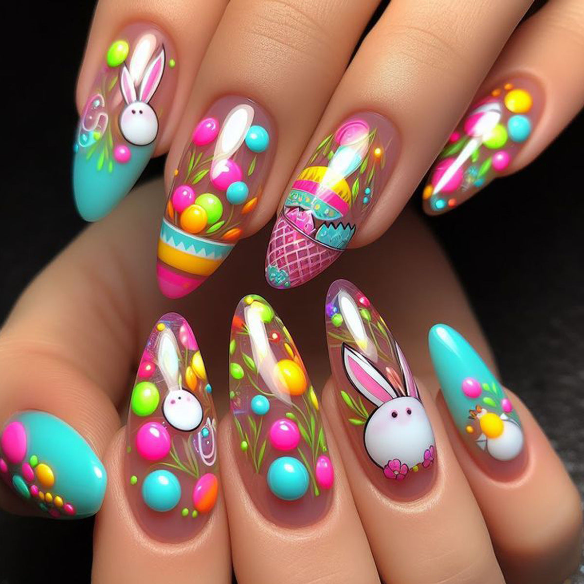 Spring Wonderland Long Almond Shaped Teal with Vibrant Floral and Bunny Decor Press On Nail Set