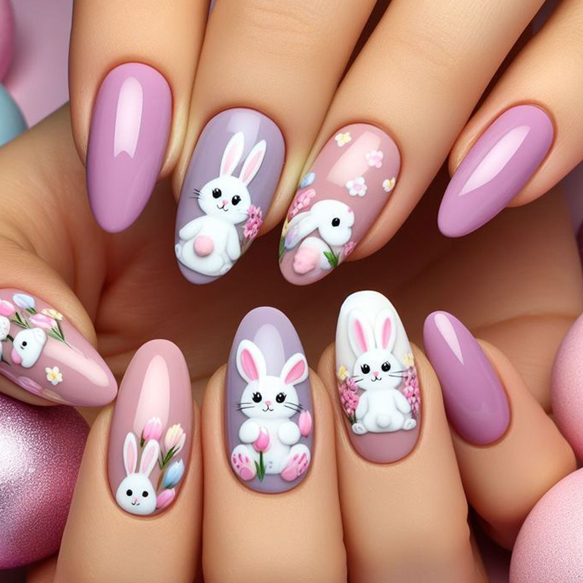 Whimsical Spring Delight Long Almond Lavender Press on Nail Set with Charming Bunny Illustrations