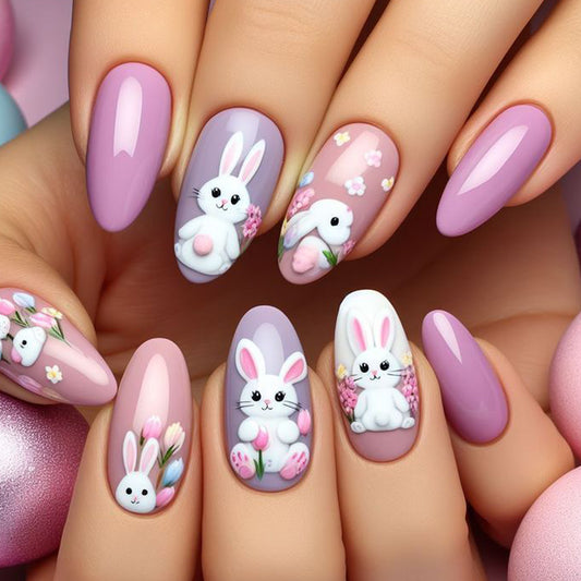 Whimsical Spring Delight Long Almond Lavender Press on Nail Set with Charming Bunny Illustrations