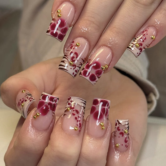 Floral Elegance Long Square Burgundy Marbled Design with Glitter Accents Press On Nail Set