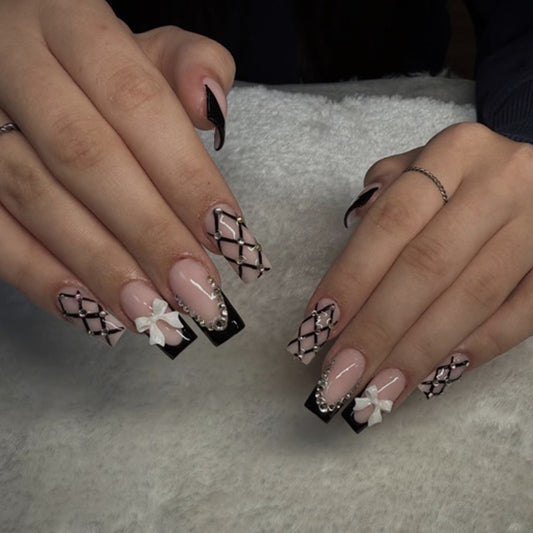 Elegance Unleashed Long Square Pink and Black with Charm Embellishments Press-On Nail Set