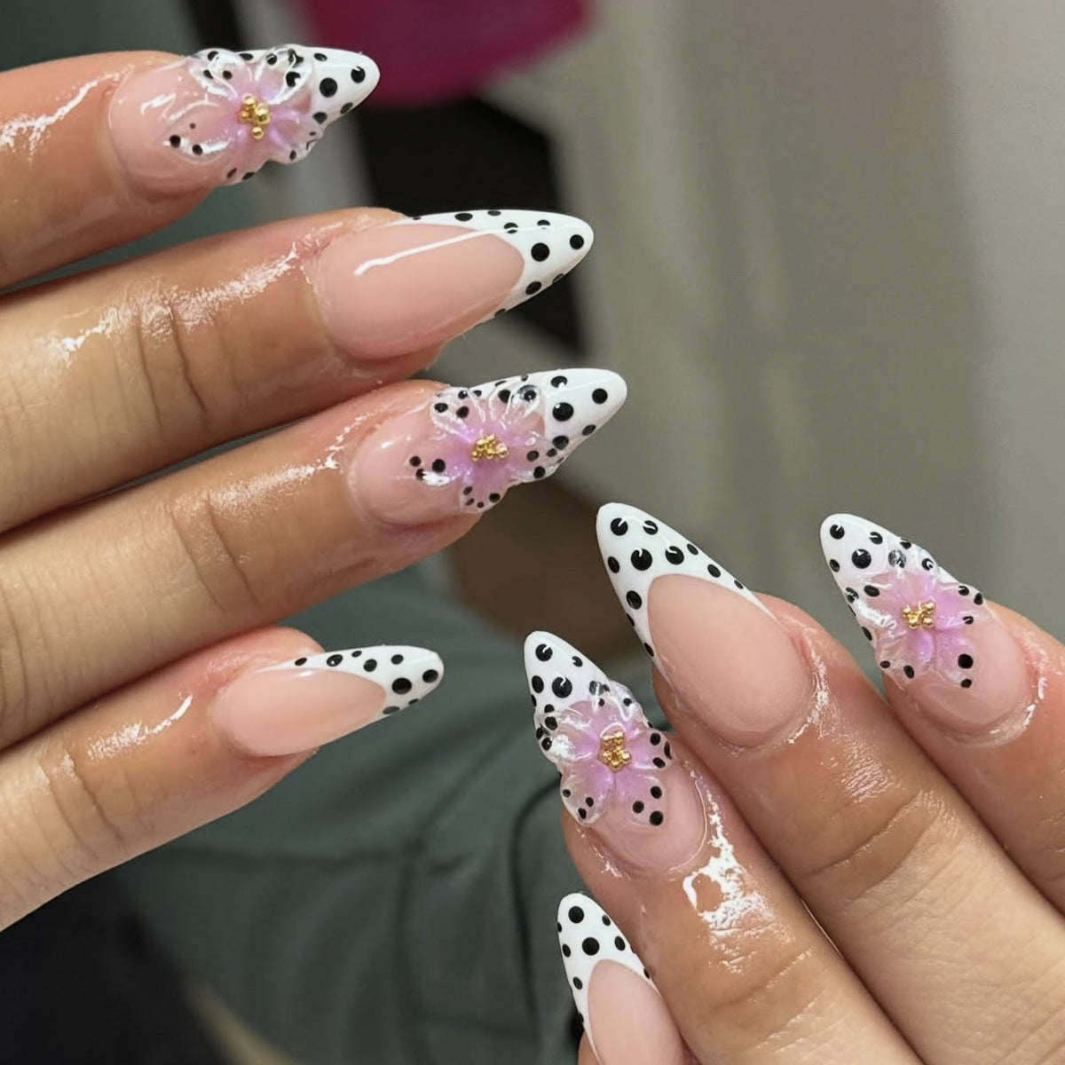 Charming Floral Elegance Long Almond White and Black with Floral Accents Nail Set
