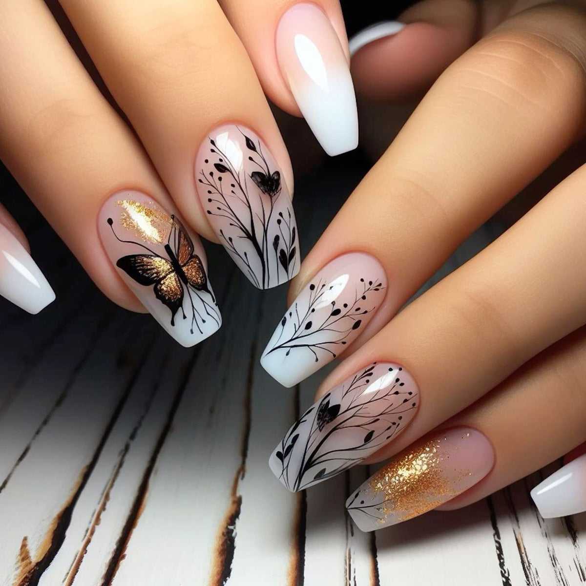 Enchanted Butterfly Long Coffin Ombre White with Elegant Floral and Glitter Details Press On Nail Set