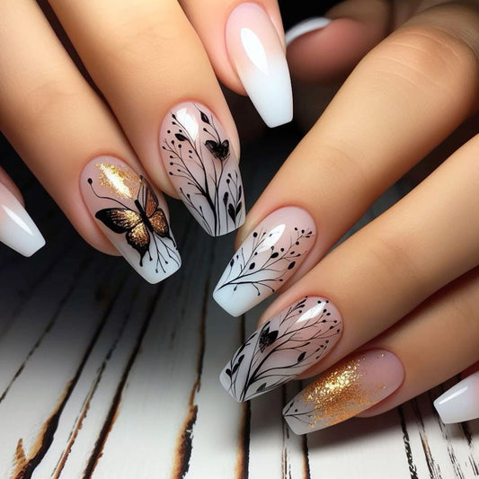 Enchanted Butterfly Long Coffin Ombre White with Elegant Floral and Glitter Details Press On Nail Set