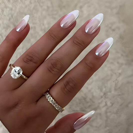 Glamorous Elegance Long Almond Shaped Iridescent White Press On Nail Set with Glossy Finish