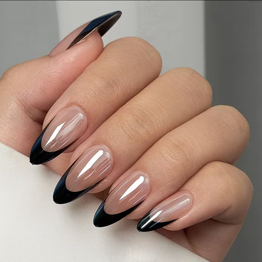 Mystical Enchantment Long Almond Translucent with Bold Black Tips and High Gloss Finish Nail Set