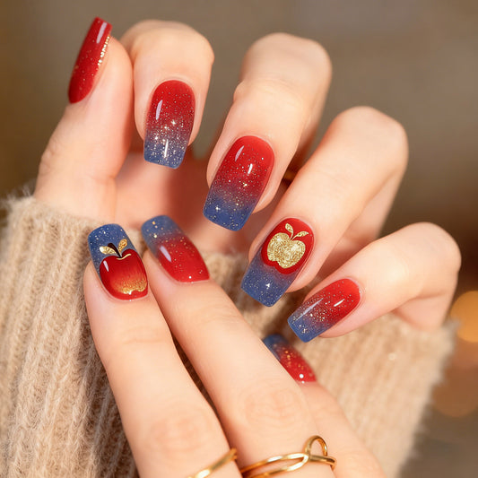 Autumn Orchard Long Square Red and Blue Gradient Press on Nail Set with Shimmering Apple Design