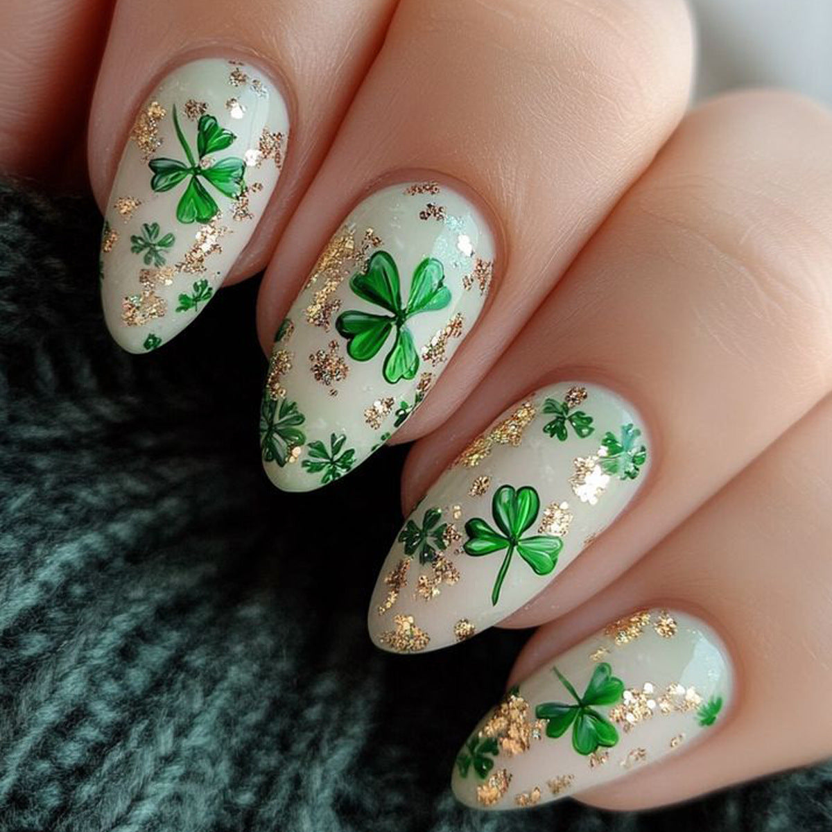 Emerald Enchantment Long Almond Shaped Green Press On Nail Set with Sparkling Shamrock Detail