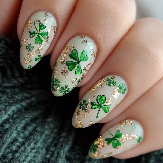 Emerald Enchantment Long Almond Shaped Green Press On Nail Set with Sparkling Shamrock Detail
