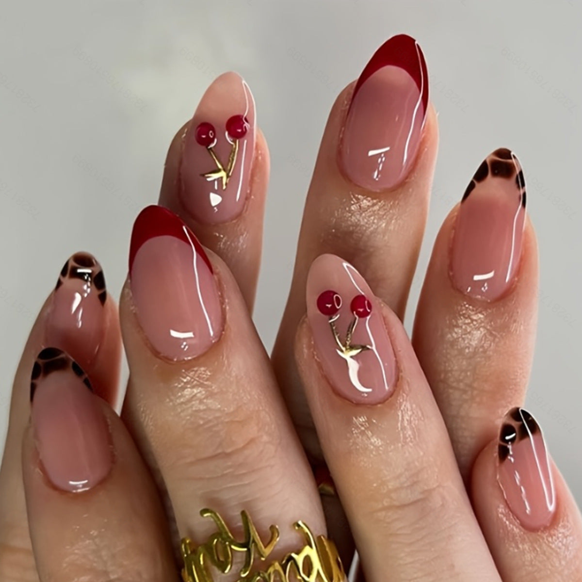 Cherry Blossom Delight Long Almond Burgundy Ombre with Charming Cherry Accents Press-On Nail Set