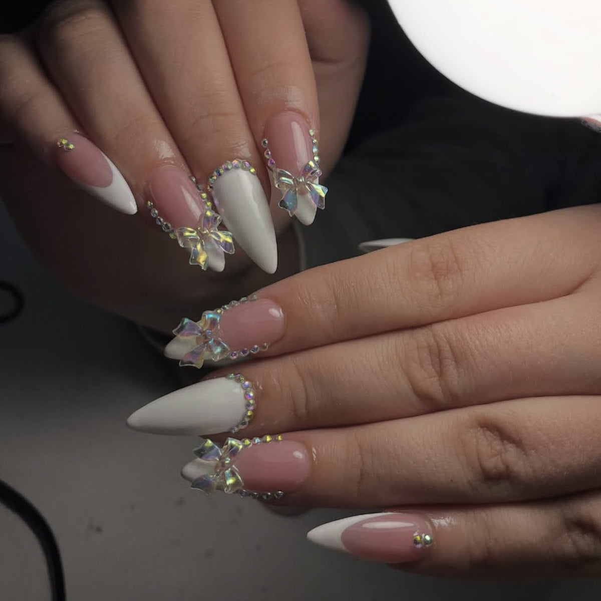 Enchanting Blossom Dreamy Long Stiletto White and Pink Press-On Nail Set with Dazzling Butterfly Accents